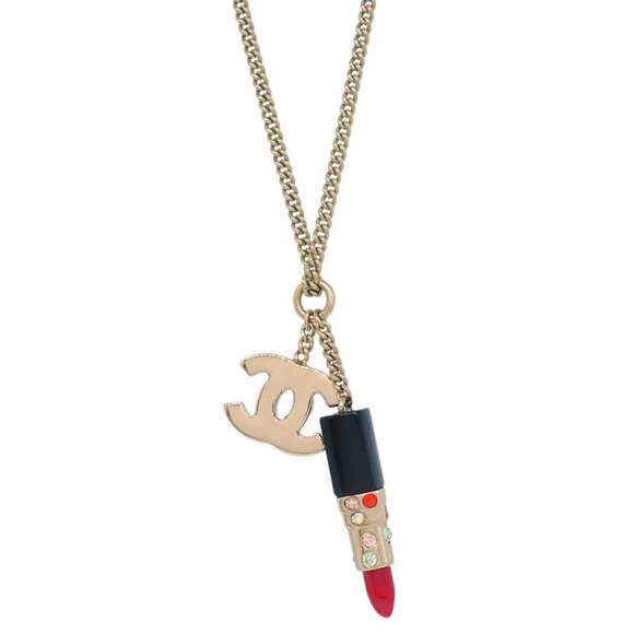 Chanel Lipstick Gold CC Pendant Necklace Rhinestone 04A 195342 - Picture 1 of 8